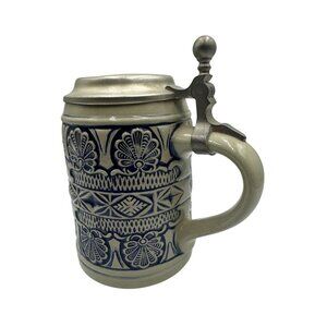 Vintage Gerz West German Beer Stein With Pewter Lid Floral Blue-Grey Design 0.5L